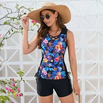 Женский купальник с цветочным принтом, женский цельный купальник, бикини, летний пляжный женский свободный костюм M чёрный