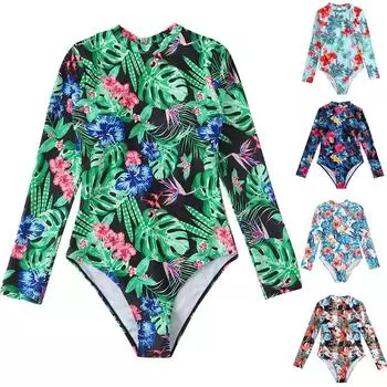 Женский купальник с длинным рукавом, подушечками для бюстгальтера и открытой спиной с принтом S чёрный