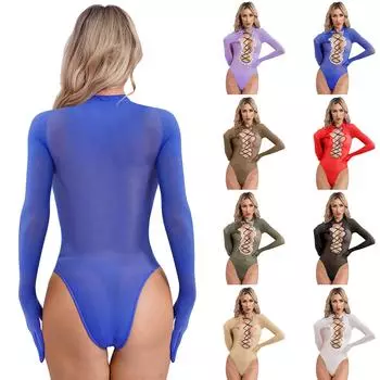 Женский купальник с длинным рукавом, шнуровкой, вырезом, открытым шаговым швом, блестящая ночная рубашка, клубная одежда, майка, женское сексуальное нижнее белье, боди One Size