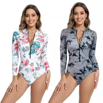 Женский купальник с длинными рукавами, на молнии, облегающий спортивный костюм для плавания, дайвинга, серфинга S серый