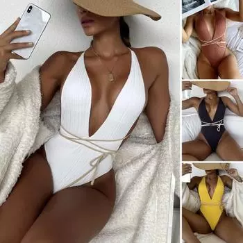 Женский купальник с глубоким V-образным вырезом, однотонный, цельный, быстросохнущий, на бретелях, для плавания XL белый