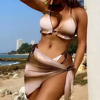 Женский купальник с градиентом, сексуальный откровенный купальник с завязками сзади и высокой талией, разделенный купальник, пляжная одежда, купальные костюмы S кофейный