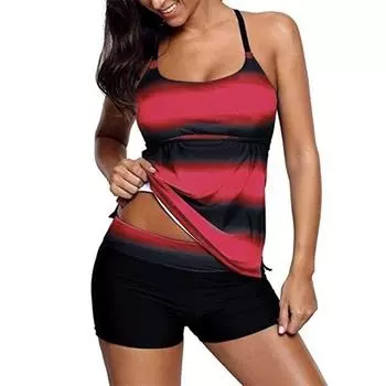 Женский купальник с красивым задним бретелем и флуоресцентным полосатым принтом, бикини с коротким топом на бретелях, купальник S красный