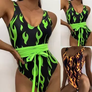Женский купальник с красочным огненным принтом, сексуальный купальный костюм, пляжный S зелёный