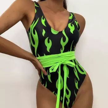Женский купальник с красочным принтом огня, сексуальный привлекательный купальный костюм для пляжа S зелёный