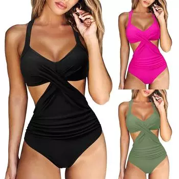 Женский купальник с крестообразным вырезом спереди и высокой талией, монокини, купальный костюм L чёрный