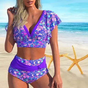 Женский купальник с кружевными рукавами и фиолетовым маленьким цветочным принтом, бикини, короткая майка, купальник S фиолетовый