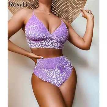 Женский купальник с леопардовой подкладкой, бикини с высокой талией, женский купальник из двух частей, комплект бикини, купальный костюм, купальный костюм для леди S фиолетовый