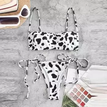 Женский купальник с леопардовым принтом и высокой талией из двух частей, купальник-бикини, пляжная одежда S