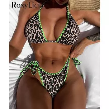 Женский купальник с леопардовым принтом и бретелькой на шее, женский купальник, комплект бикини из двух частей, с мягкой подкладкой на бретельках, купальный костюм для плавания S леопардовый