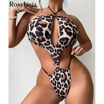 Женский купальник с леопардовым принтом и вырезом на шее, цельный купальник, женский монокини с высоким вырезом, купальный костюм для плавания S леопардовый