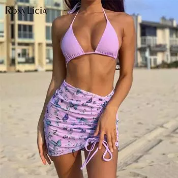 Женский купальник с лямкой на шее и бабочкой, женский купальник, комплект бикини из трех частей с юбкой, купальный костюм S чёрный