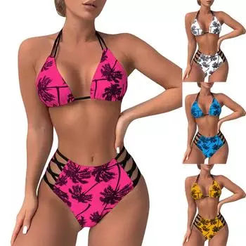 Женский купальник с накладкой на грудь, двухсекционный купальник пуш-ап, топ на бретелях и трусики, облегающий купальник с принтом L