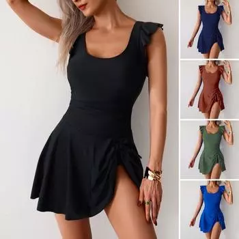 Женский купальник с оборками и неровным подолом, большой размер, консервативный купальный костюм для горячих источников, А-силуэт, быстросохнущий, с подкладкой для груди, одежда для пляжа и бассейна, платье L