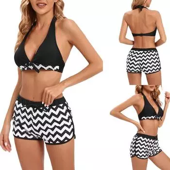 Женский купальник с открытой спиной и высокой талией, полосатый купальник бикини с разрезом L чёрный