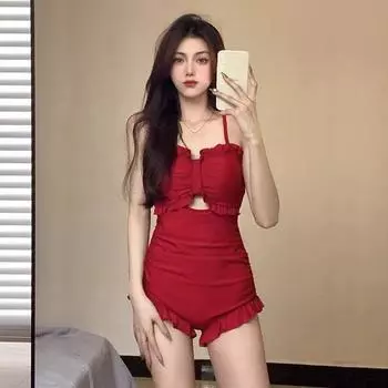 Женский купальник с открытыми оборками, цельный купальный костюм с поясом на животе для пляжа S чёрный