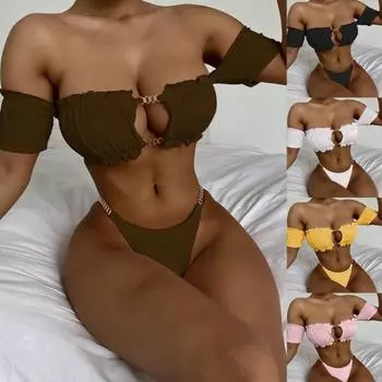 Женский купальник с открытыми плечами, сплошной цвет, купальник с эффектом пуш-ап, пляжный комплект L розовый