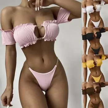 Женский купальник с открытыми плечами, выдолбленный, однотонный, цветной, с пуш-ап, комплект для пляжа L розовый