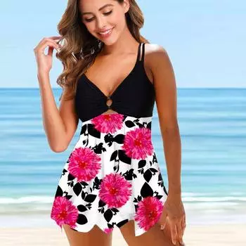 Женский купальник с плечевым ремнем, красивый купальник с розовой гвоздикой и принтом бикини, короткий топ на бретелях, купальник S чёрный