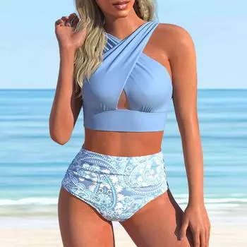 Женский купальник с плечевым ремнем, одноклеточный купальник с принтом и коротким топом на бретельках S синий