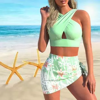 Женский купальник с плечевым ремнем Зеленый летний купальник бикини с принтом и коротким топом на бретелях S чёрный