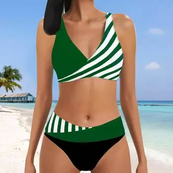 Женский купальник с подвеской к шее, бикини в зеленую полоску с принтом и короткий купальник-майка S чёрный