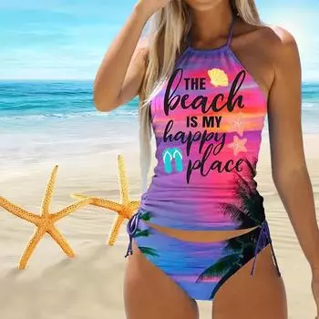 Женский купальник с подвеской к шее, фиолетовый купальник бикини с коротким топом на бретельках с морским принтом S чёрный