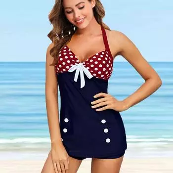 Женский купальник с подвеской на шее и белым бикини с принтом банта, короткая майка, купальник S синий