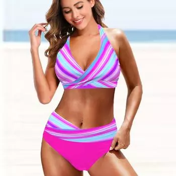 Женский купальник с подвеской на шее и купальник бикини с короткой майкой и розовым принтом S синий