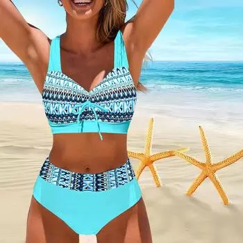 Женский купальник с подвеской на шее и волнистым принтом, бикини с коротким топом, купальник S красный