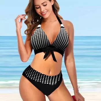 Женский купальник с подвеской на шее и белый маленький купальник с квадратным принтом, бикини, короткая майка, купальник S белый