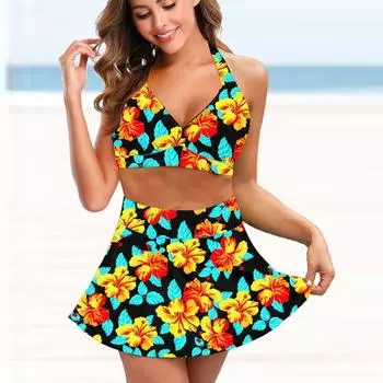 Женский купальник с подвеской на шее и желтым цветочным принтом, бикини с коротким топом, купальник S чёрный