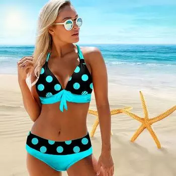 Женский купальник с подвеской на шее и большой точечный принт, бикини с коротким топом, купальник S белый