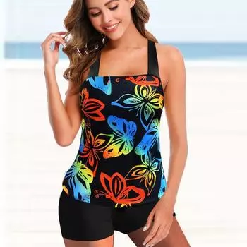 Женский купальник с подвеской на шее и красочным принтом бабочки, бикини с коротким купальником на бретельках S белый