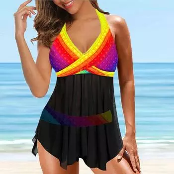 Женский купальник с подвеской на шею и цветной клетчатый купальник с коротким топом и бикини 4XL разноцветный
