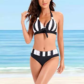 Женский купальник с подвесным вырезом, черно-белый купальник-бикини с принтом бабочки, купальник-танкини S чёрный