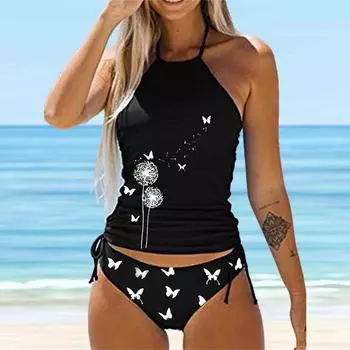 Женский купальник с подвесным вырезом, черный купальник-бикини с принтом одуванчика, купальник-танкини S чёрный