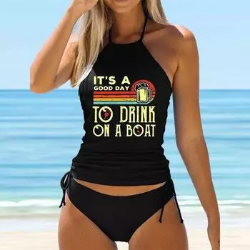 Женский купальник с подвесным вырезом и разноцветным принтом кокосовой пальмы, бикини, купальник-танкини S чёрный