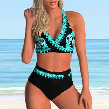 Женский купальник с подвесным вырезом и цветочным принтом, бикини, танкини, купальник S синий