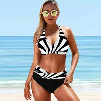 Женский купальник с подвесным вырезом и персонализированным принтом в полоску, бикини, купальник-танкини S чёрный