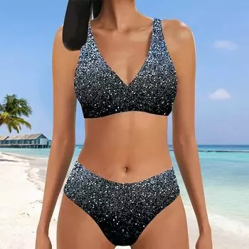 Женский купальник с подвесным вырезом, синий купальник с блестками и принтом, бикини, танкини S синий