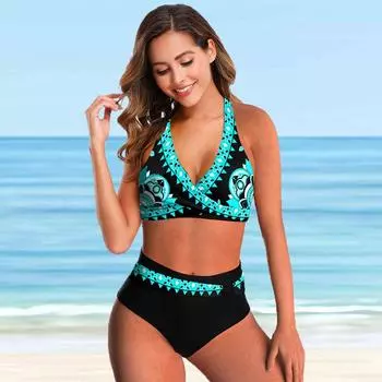 Женский купальник с подвесным вырезом, синий цветочный принт, бикини, танкини, купальник S синий