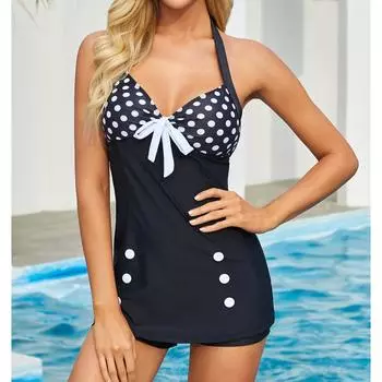 Женский купальник с подвесным вырезом в черный горошек и принтом, бикини, купальник-танкини S чёрный