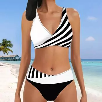 Женский купальник с подвесным вырезом в белую полоску и принтом, бикини, купальник-танкини S синий