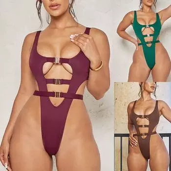 Женский купальник с полым ремнем, цельный бикини, сексуальный купальник с открытой спиной, пляжный купальник XL зелёный
