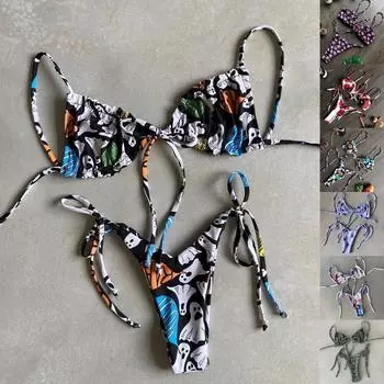 Женский купальник с принтом, бикини на бретельках, купальник с разрезом, комплект L зелёный