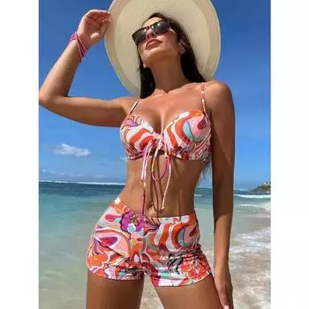 Женский купальник с принтом, бикини с высокой талией, женские купальники, комплект бикини из двух частей с чашкой бюстгальтера, купальный костюм для плавания XL