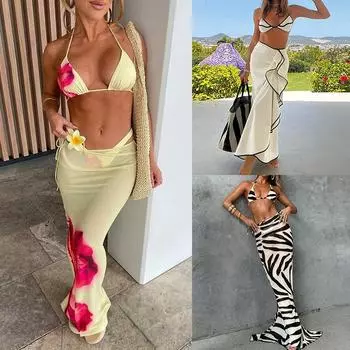 Женский купальник с принтом, бретелька через шею сбоку, длинная блузка, бикини, купальник из трех частей, пляжная одежда, купальные костюмы XS жёлтый