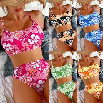 Женский купальник с принтом и открытой спиной, сексуальное бикини с высокой талией, двухсекционный пляжный костюм, купальные костюмы S ярко-розовый