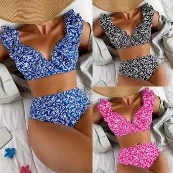 Женский купальник с принтом и завязкой на спине, сексуальное бикини с высокой талией, стринги, бразильская пляжная одежда, купальные костюмы S синий